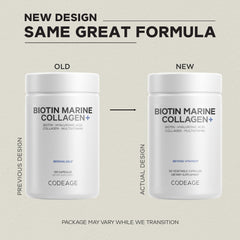 Codeage Biotin Marine Collagen: etiqueta clara que destaca ingredientes premium