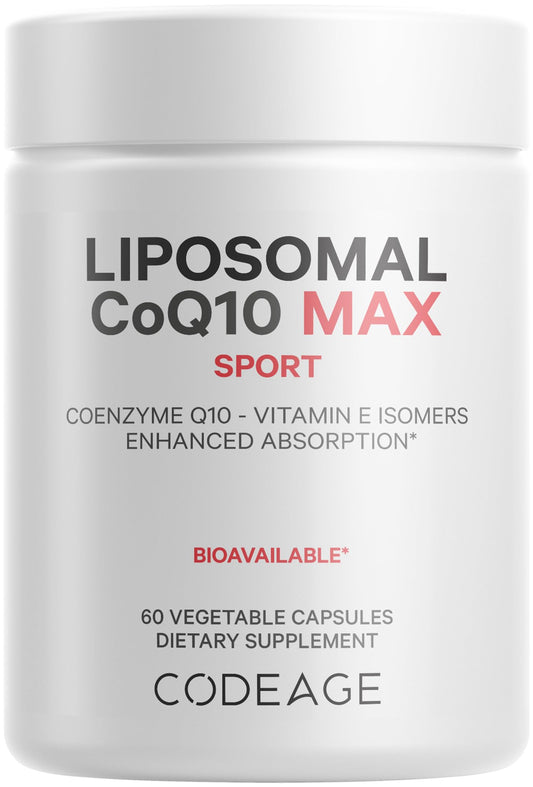 Codeage Liposomal CoQ10 Max, botella frontal, ideal para consumo diario con absorción liposomal.