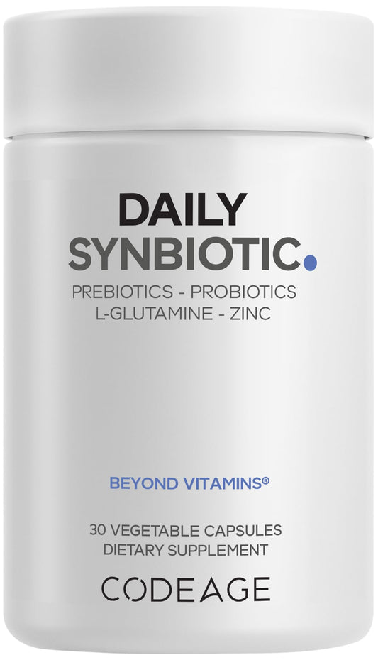 Codeage Daily Synbiotic: bote con cápsulas y posible apoyo digestivo.