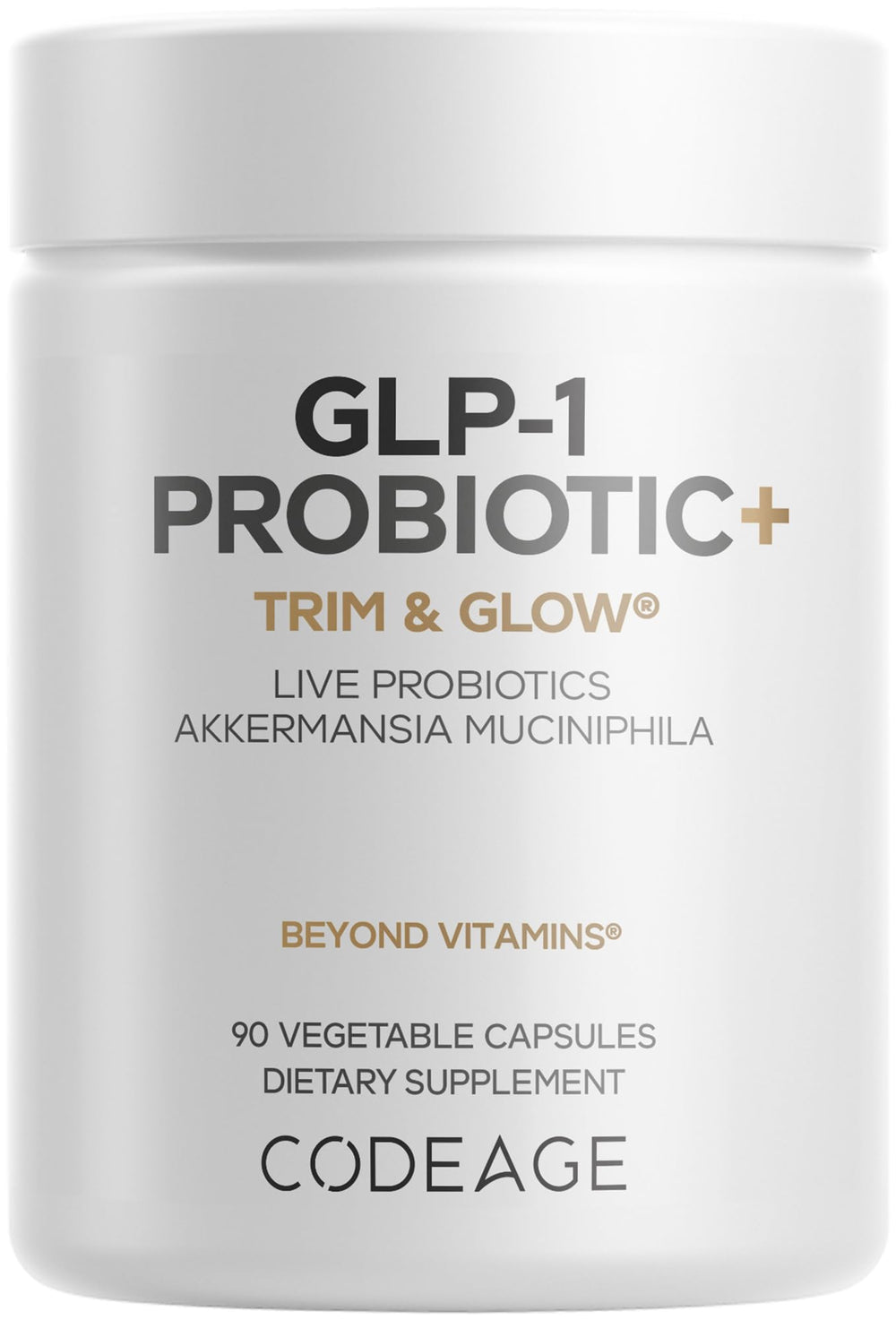 Codeage frontal del envase GLP-1 Probiotic+ mostrando diseño y nombre del producto