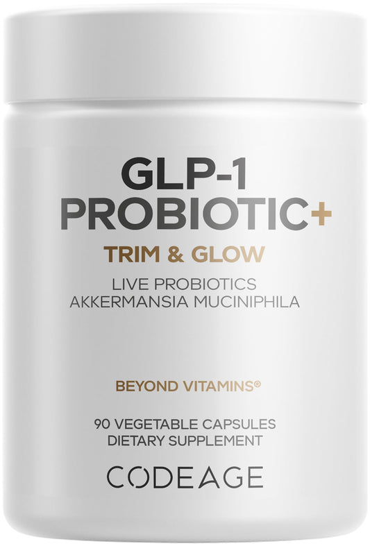 Codeage GLP-1 Probiotic+ en etiqueta frontal, posible apoyo a la salud intestinal