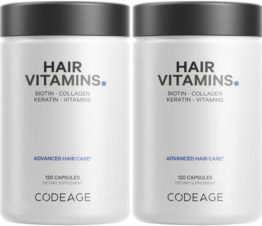 Codeage Hair Vitamins: botella con etiqueta clara para apoyo diario del cabello