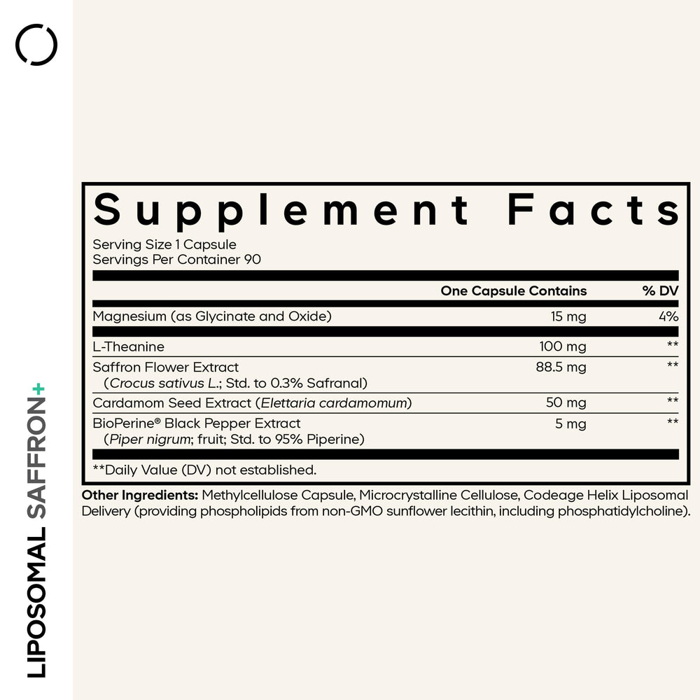 Codeage Liposomal Azafrán+ cápsulas blancas, comodidad de dosis.