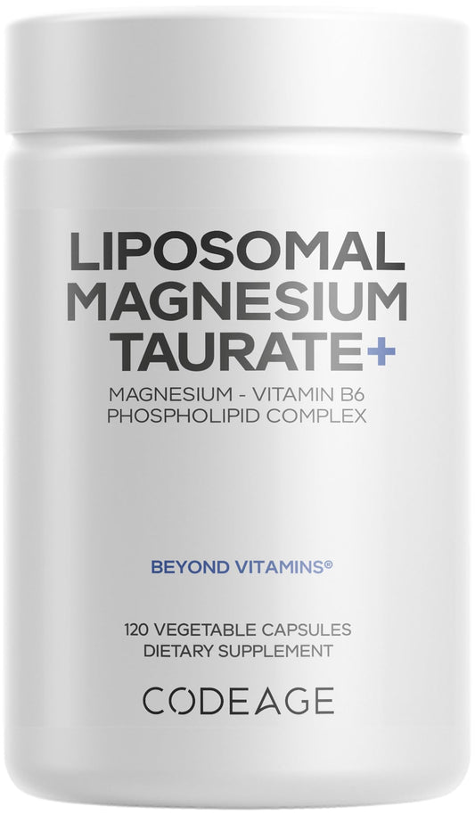 Codeage Liposomal Magnesium Taurate, botella, entrega liposomal para absorción óptima.