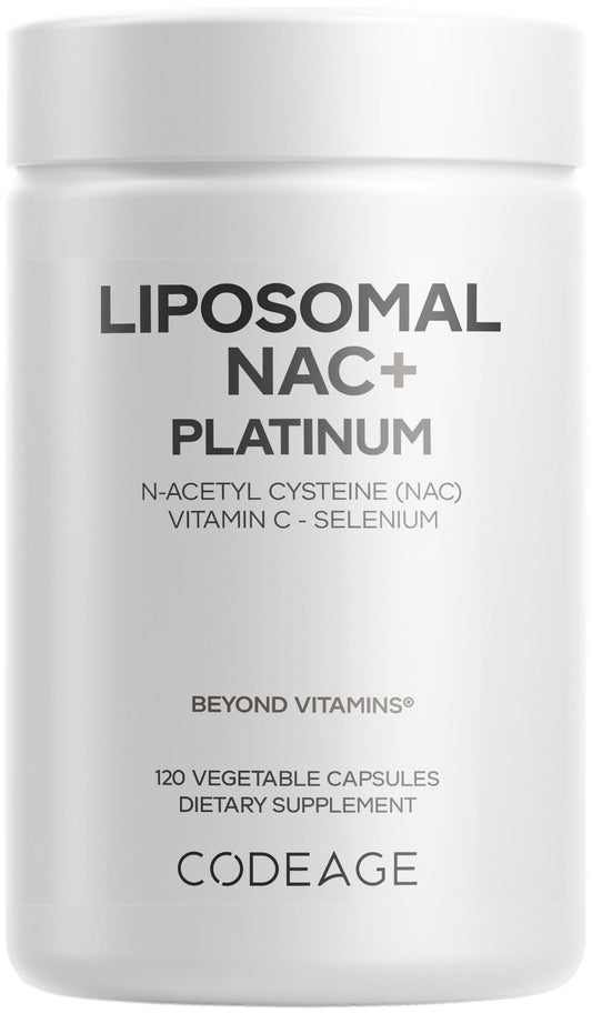Codeage Liposomal NAC+ Platinum: botella de diseño moderno con entrega liposomal para mayor absorción.