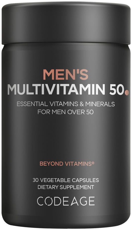 Codeage Men50 botella: suplemento diario para hombres 50+ con nutrientes esenciales.