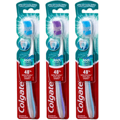 Colgate cepillo frontal paquete mostrando tres unidades y beneficio conveniencia