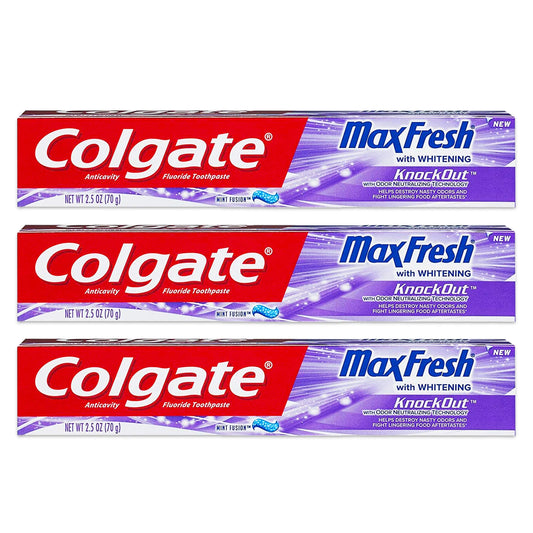 Colgate Max Fresh frente del empaque mostrando tubos y beneficio frescor prolongado