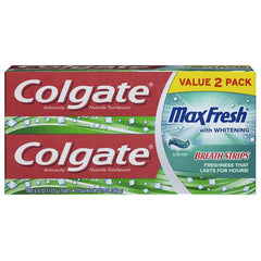 Colgate Max Fresh vista frontal del pack mostrando tubos y marca, frescura visible