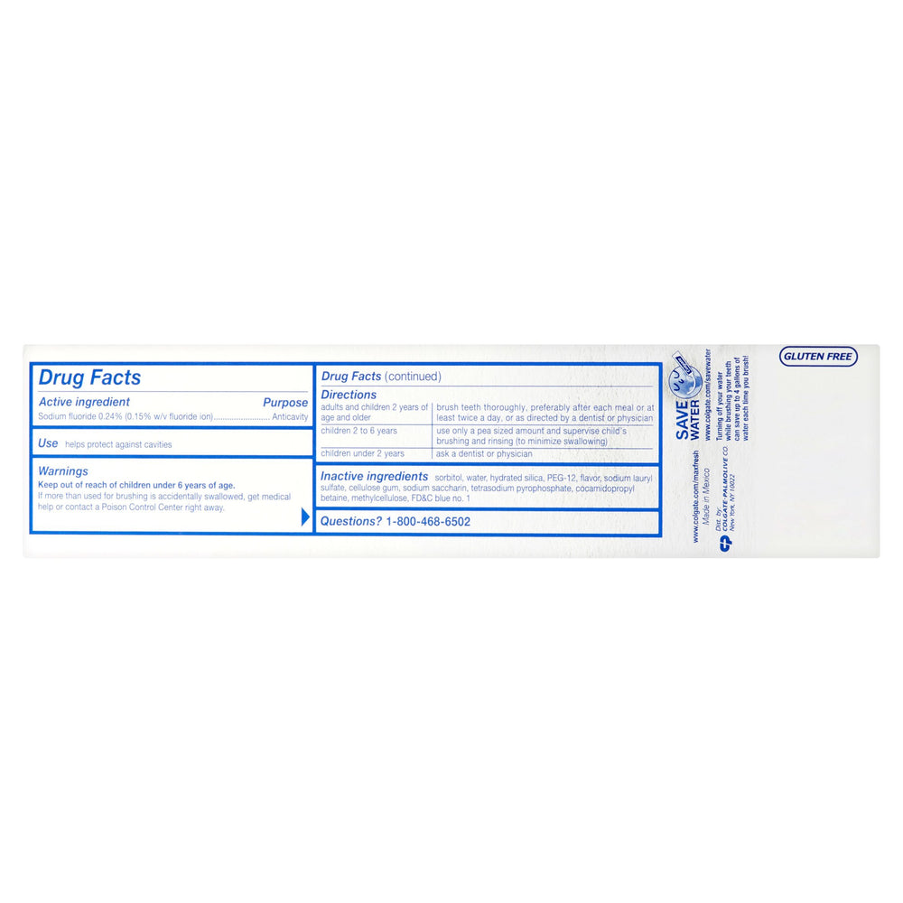 Colgate Max Fresh tubo junto a regla para comparar tamaño y duración del envase