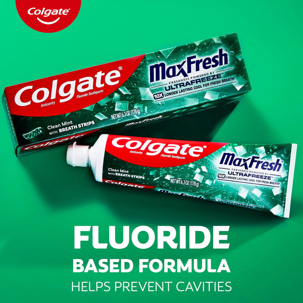 Colgate MaxFresh etiqueta mostrando flúor y beneficios preventivos