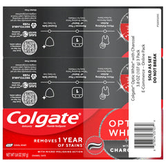 Colgate Optic White Charcoal pack sostenido en manos, beneficio conveniente para hogar