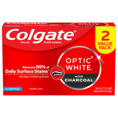 Colgate Optic White primer plano de ingredientes como carbón y micro-polidores