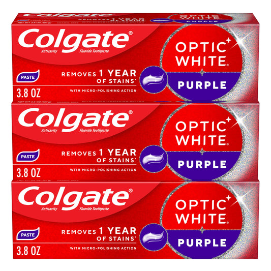 Colgate Optic White Purple frontal mostrando tres tubos y beneficio blanqueador