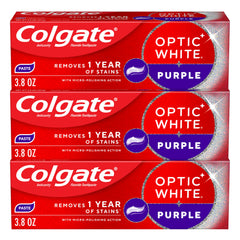 Colgate Optic White Purple frontal mostrando tres tubos y beneficio blanqueador