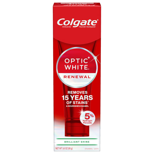 Colgate Optic White Renewal frente del tubo mostrando el diseño y tamaño