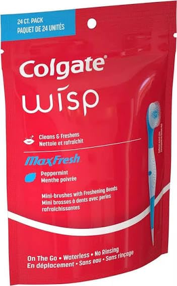 Colgate Optic White Wisp frente del paquete, mini cepillo listo para viaje
