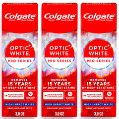 Colgate Optic White Pro Series vista frontal del paquete, presentación triple para mejor relación