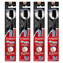 Colgate Slimsoft Charcoal frontal del empaque mostrando combo de 4 cepillos y beneficios