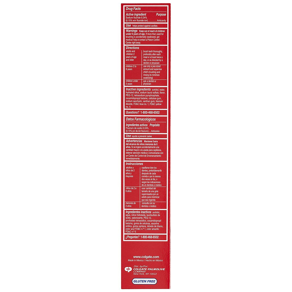 Colgate tubo en mano mostrando tamaño de 8 oz y uso prolongado práctico