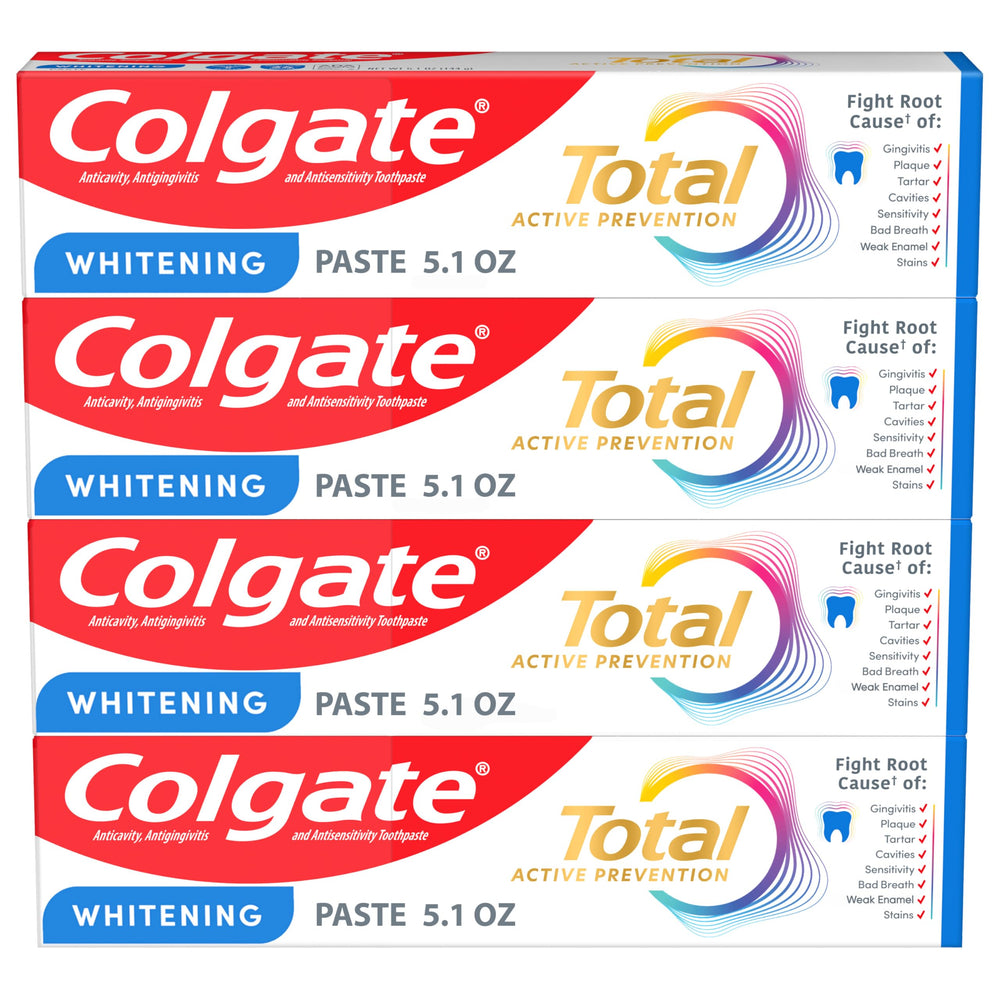 Colgate Total frontal del empaque mostrando el pack de 4 tubos y conveniencia