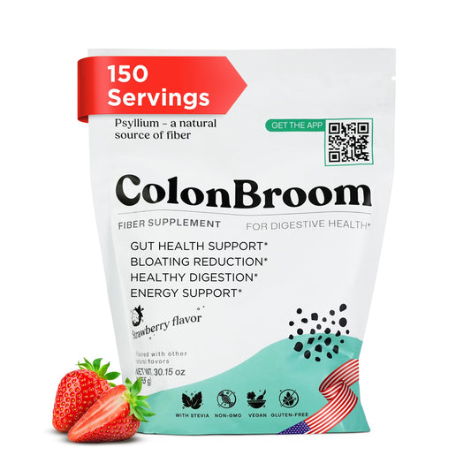 ColonBroom frente del envase mostrando sabor fresa y 150 servicios, facilita consumo diario