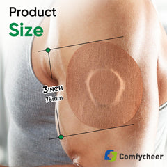 Comfycheer parche junto a sensor Dexcom G7 mostrando tamaño y ajuste