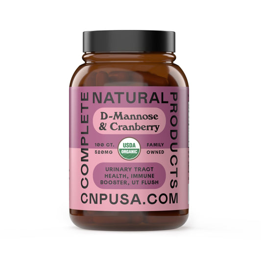 Complete Natural Products cápsulas d-mannose-cranberry; promueven un entorno urinario fresco.