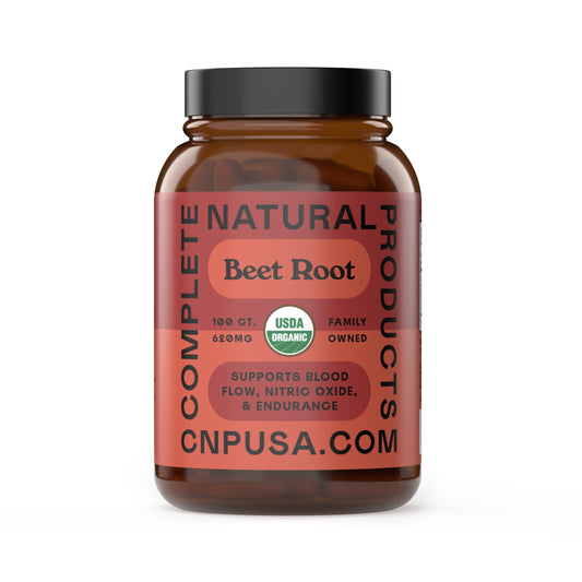 Complete Natural Products frasco frontal mostrando etiqueta y beneficio de pureza orgánica