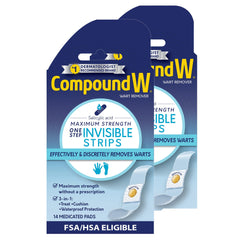 Compound W empaque frontal mostrando tiras invisibles y beneficio discreción