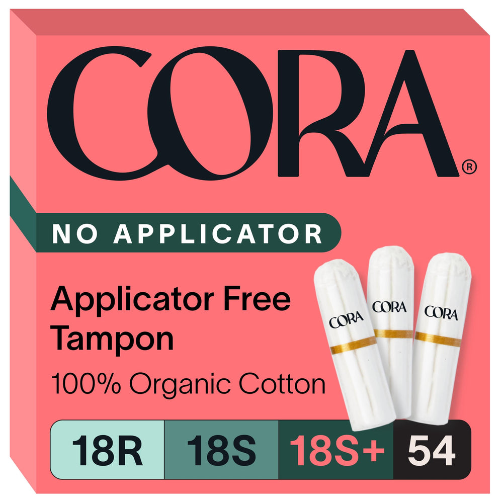 Cora caja frontal de tampones mostrando marca y cantidad, fácil identificación