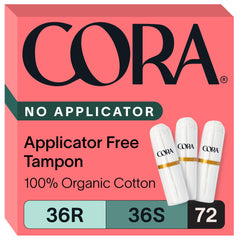 Cora empaque frontal mostrando 72 tampones y beneficios ecológicos