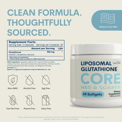 Core Med Science etiqueta con ingredientes y libre de alérgenos para confianza