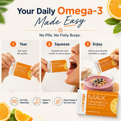 Coromega etiqueta con ingredientes y cantidades de omega-3 y vitamina D, transparencia