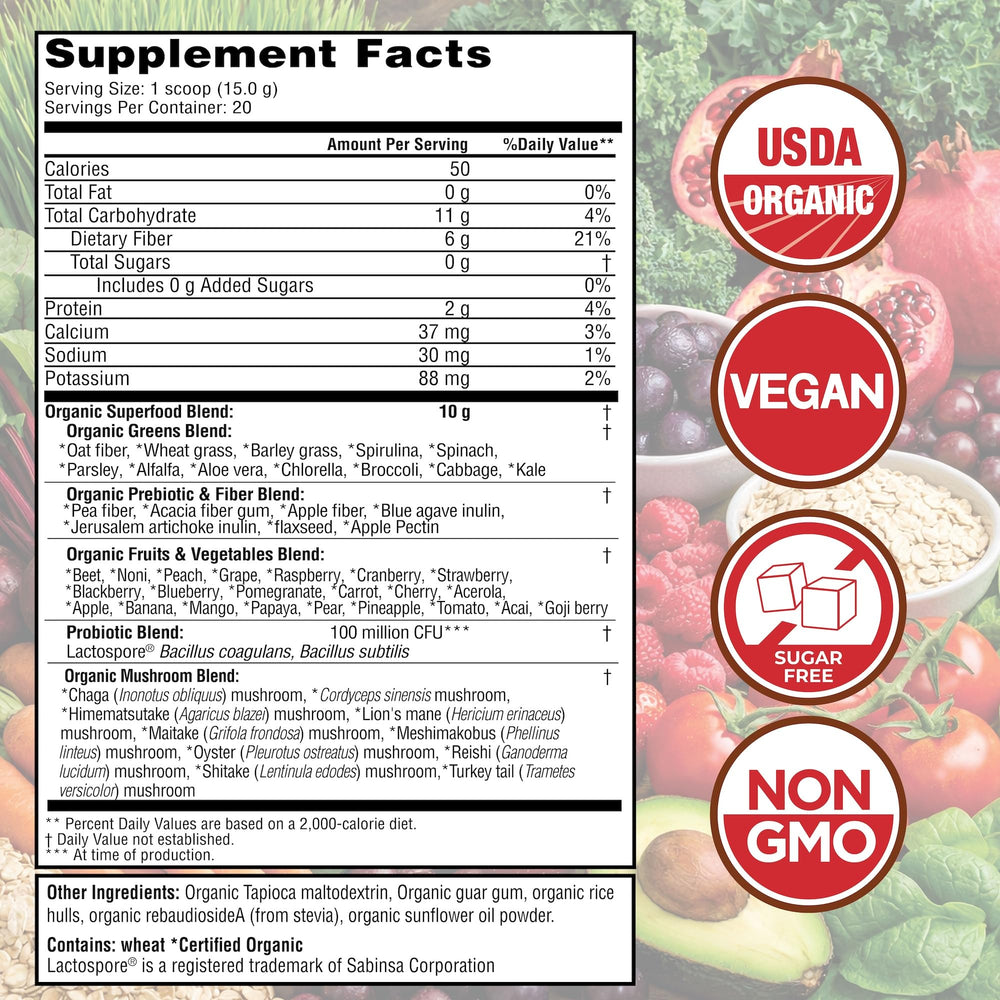 Country Farms polvo textura cercana que revela mezcla fina y beneficios nutricionales