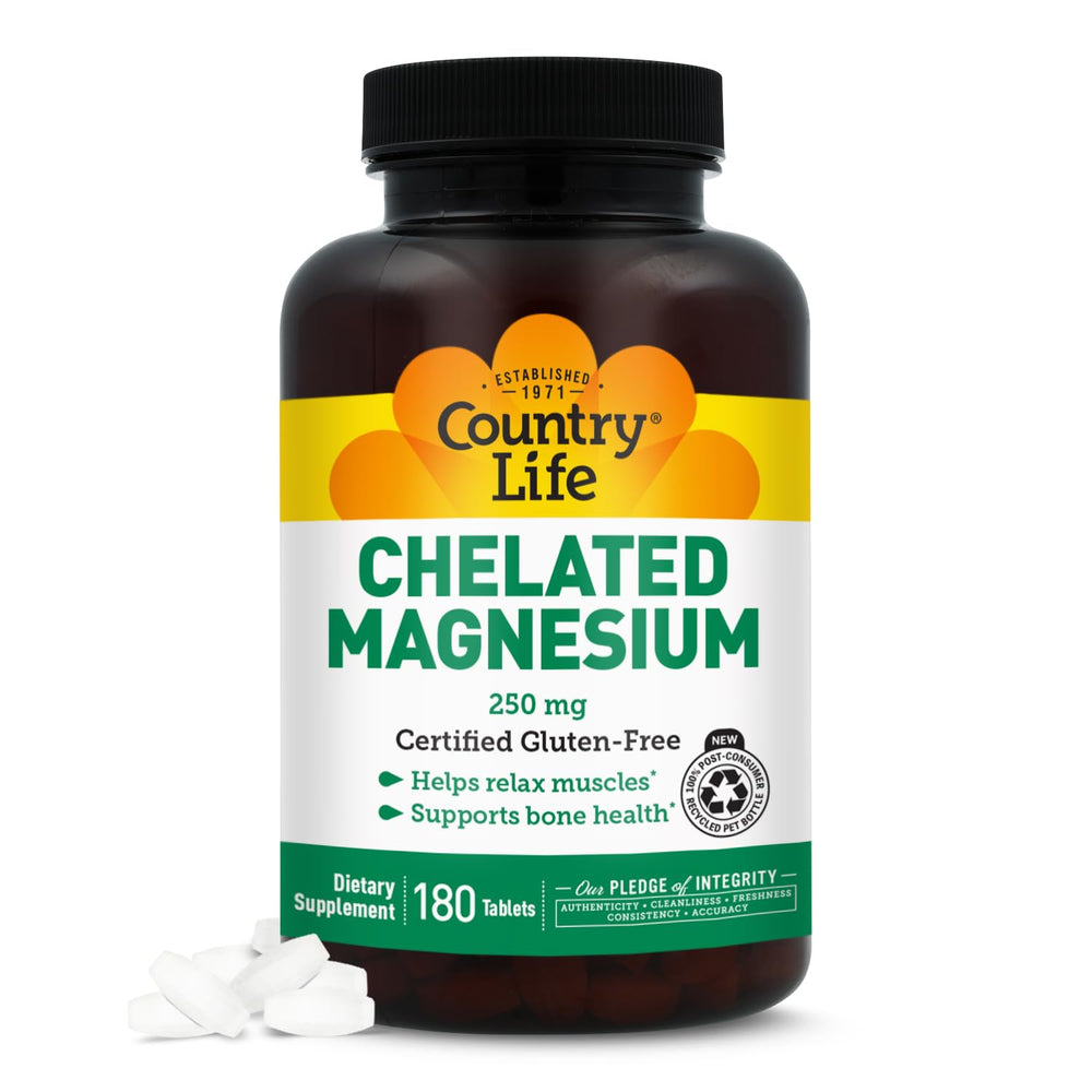 Country Life Chelated Magnesium 250mg bottle front view supports heart and muscle health