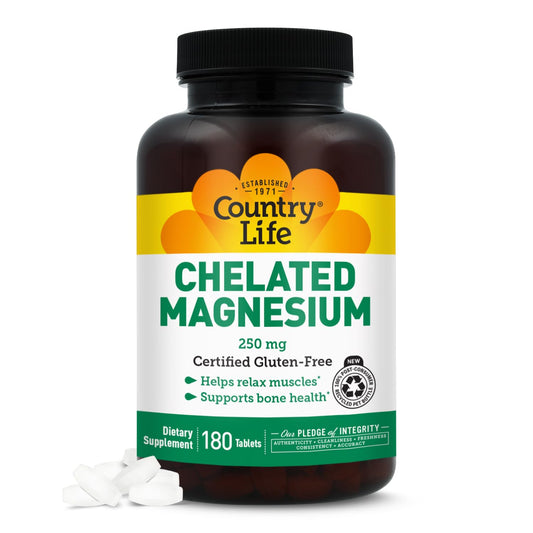 Country Life Chelated Magnesium 250mg bottle front view supports heart and muscle health