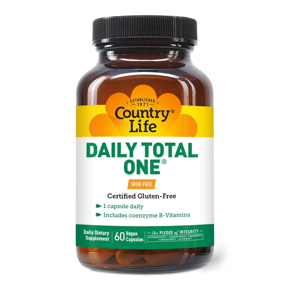 Etiqueta nutricional de Country Life Daily Total One en primer plano, lectura clara