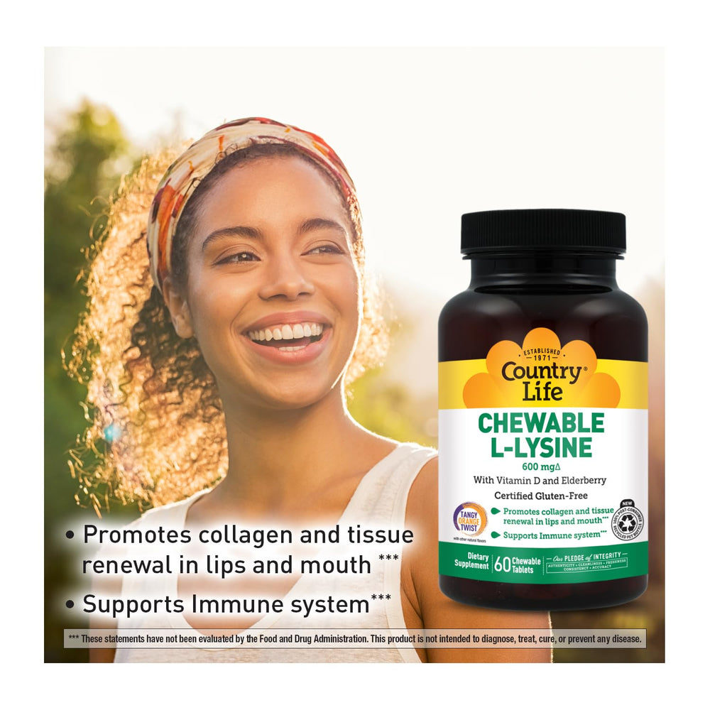 Country Life etiqueta nutricional enfocada en dosis de L-lisina y vitamina D