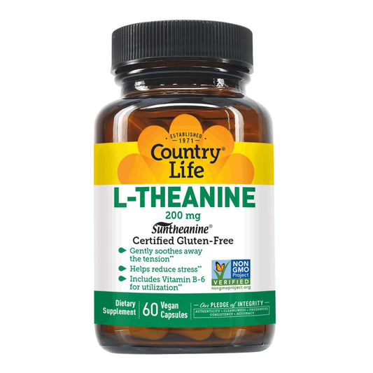 Country Life frasco frontal mostrando etiqueta y 60 cápsulas, transparencia del producto y beneficio vegano