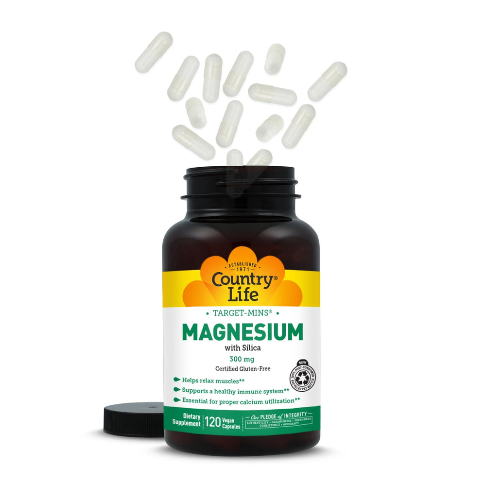 Country Life Target-Mins Magnesium cap and bottle image highlights supplement convenience.