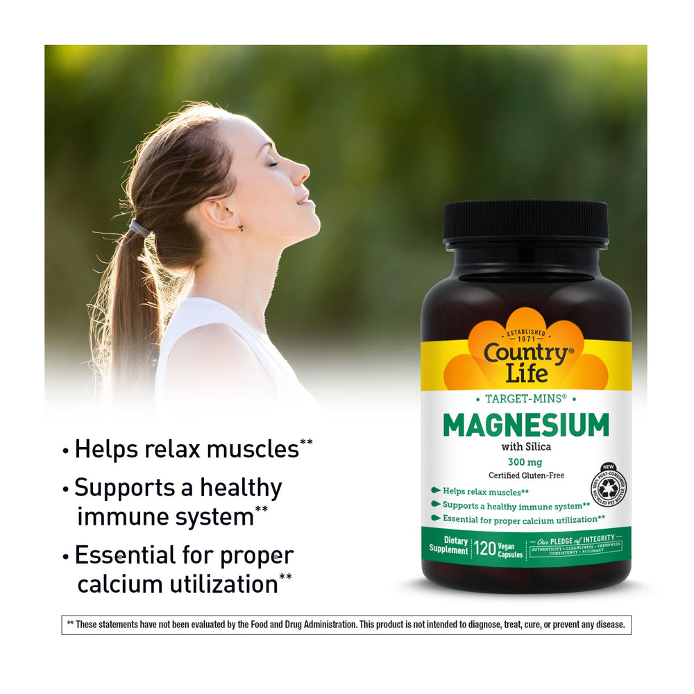 Country Life Target-Mins Magnesium capsules closeup emphasizes vegan gluten-free formulation.