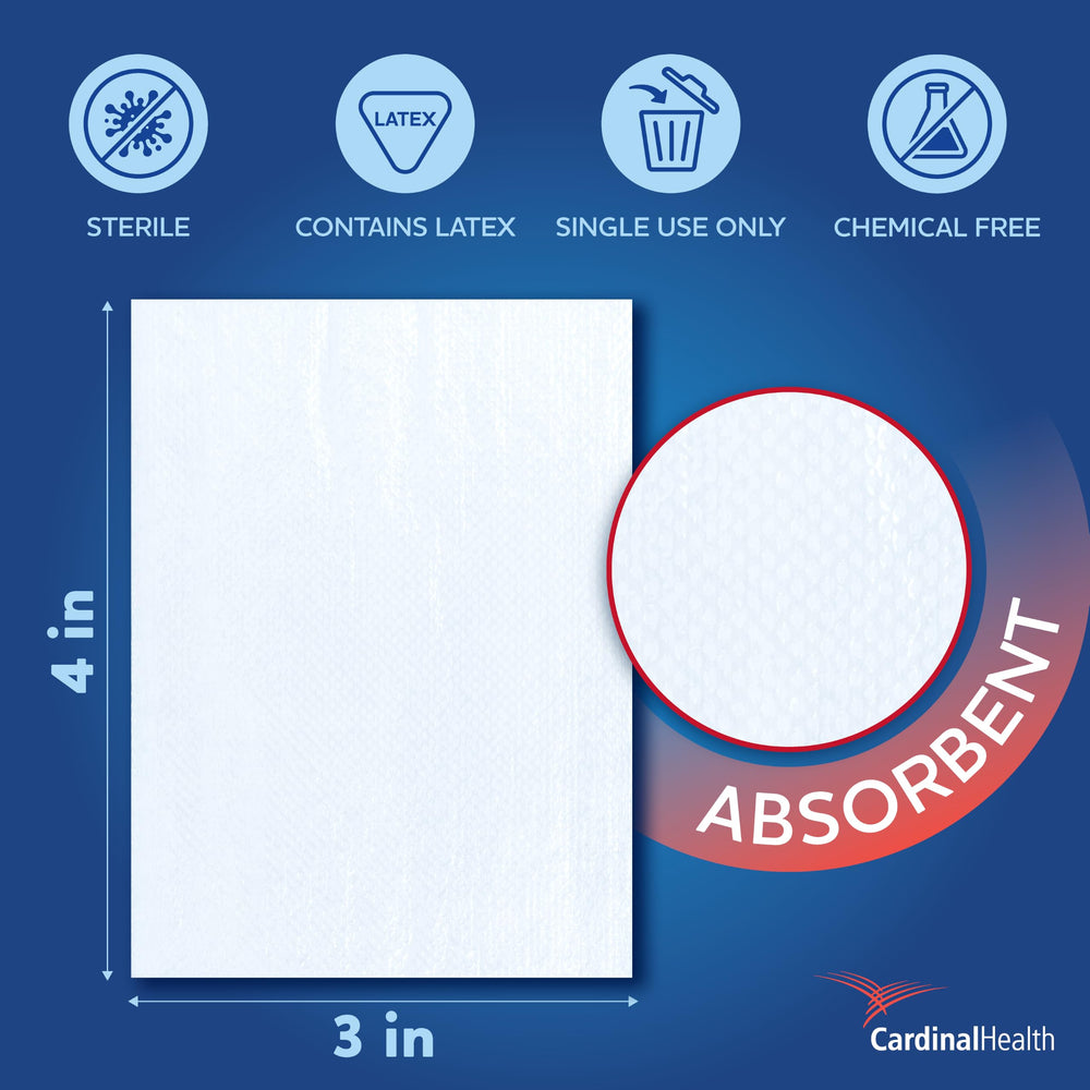 Covidien Telfa 7643 varios apósitos apilados para comparar tamaño y escala