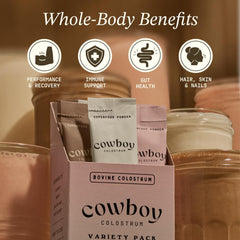 Cowboy Colostrum mezclado en batido mostrando disolución sin grumos