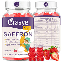 Crasye envase frontal con gomitas de azafrán, fácil identificación y uso