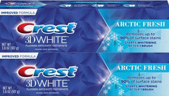 Crest 3D White frente del empaque mostrando el pack de 2 y conveniencia