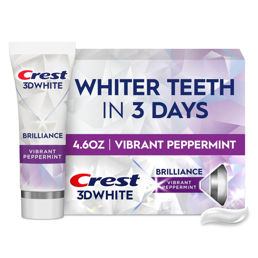 Crest 3D White Brilliance frente del envase mostrando marca y beneficio blanqueador