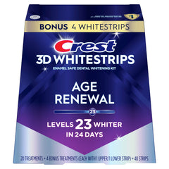 Crest 3D Whitestrips paquete frontal mostrando el kit y beneficios