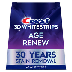 Crest 3DWhitestrips Age Renew empaque frontal mostrando 21 tratamientos y beneficios
