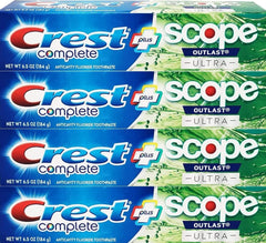 Crest frente del empaque mostrando pack de cuatro tubos y ventaja de ahorro
